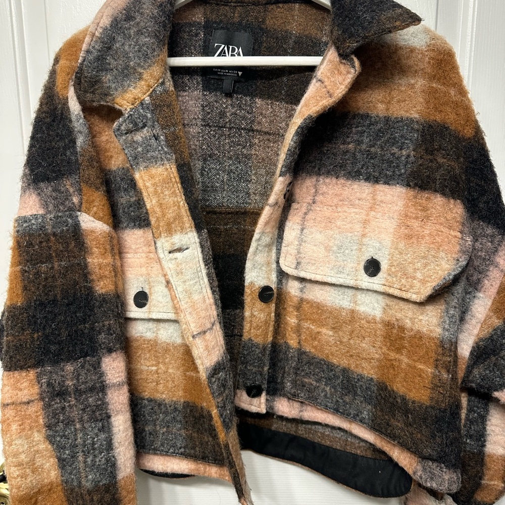 Zara Women's Teddy Jacket - Brown, Black, and Pink Plaid